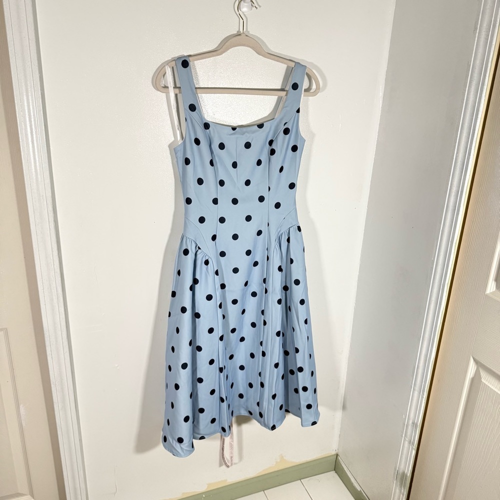 NWT Mac Duggal Blue Polka-Dot Square-Neck A-Line Midi Dress - Picture 3 of 11